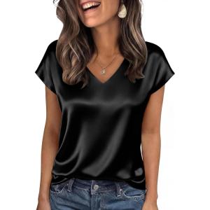image:imageWIHOLL Womens Satin Summer Tops Cap Short Sleeve Blouses V Neck Shirts Business Casual Outfits Fashion Clothing 2026Black