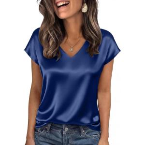 image:imageWIHOLL Womens Satin Summer Tops Cap Short Sleeve Blouses V Neck Shirts Business Casual Outfits Fashion Clothing 2026Navy