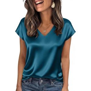 image:imageWIHOLL Womens Satin Summer Tops Cap Short Sleeve Blouses V Neck Shirts Business Casual Outfits Fashion Clothing 2026Peacock Blue