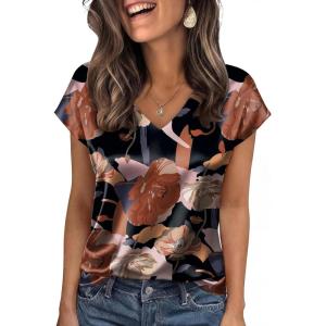 image:imageWIHOLL Womens Satin Summer Tops Cap Short Sleeve Blouses V Neck Shirts Business Casual Outfits Fashion Clothing 2026Printed Begonia