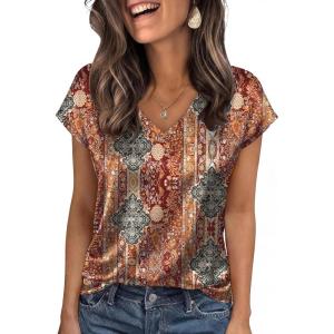 image:imageWIHOLL Womens Satin Summer Tops Cap Short Sleeve Blouses V Neck Shirts Business Casual Outfits Fashion Clothing 2026Red Boho
