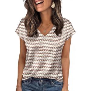image:imageWIHOLL Womens Satin Summer Tops Cap Short Sleeve Blouses V Neck Shirts Business Casual Outfits Fashion Clothing 2026Striped Brown