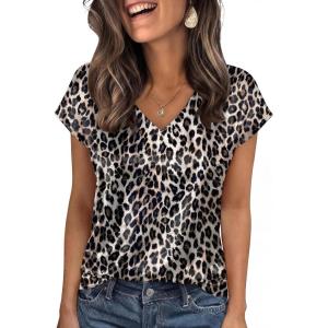 image:imageWIHOLL Womens Satin Summer Tops Cap Short Sleeve Blouses V Neck Shirts Business Casual Outfits Fashion Clothing 2026Stylish Leopard