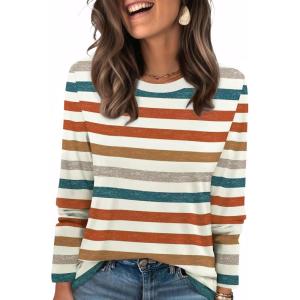 image:imageWIHOLL Womens Striped Long Sleeve Shirts Spring Outfits 2026 Color Block Tops Fashion Clothing Ribbed Crewneck Tee BlousesAorange Stripe