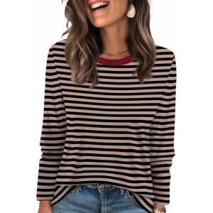 image:imageWIHOLL Womens Striped Long Sleeve Shirts Spring Outfits 2026 Color Block Tops Fashion Clothing Ribbed Crewneck Tee BlousesBcoffee Stripe