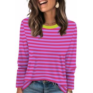 image:imageWIHOLL Womens Striped Long Sleeve Shirts Spring Outfits 2026 Color Block Tops Fashion Clothing Ribbed Crewneck Tee BlousesBhot Pink