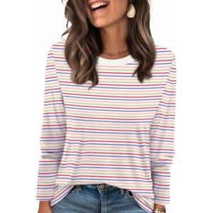 image:imageWIHOLL Womens Striped Long Sleeve Shirts Spring Outfits 2026 Color Block Tops Fashion Clothing Ribbed Crewneck Tee BlousesCapricot Stripe