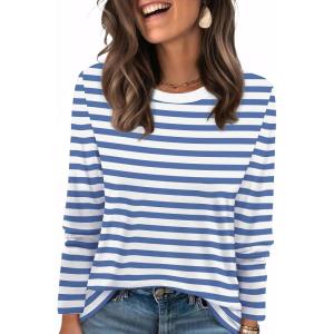 image:imageWIHOLL Womens Striped Long Sleeve Shirts Spring Outfits 2026 Color Block Tops Fashion Clothing Ribbed Crewneck Tee BlousesCblue White