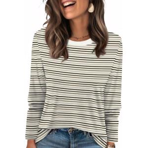 image:imageWIHOLL Womens Striped Long Sleeve Shirts Spring Outfits 2026 Color Block Tops Fashion Clothing Ribbed Crewneck Tee BlousesFapricot Black