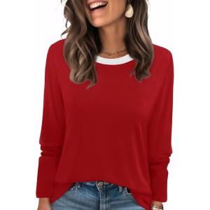 image:imageWIHOLL Womens Striped Long Sleeve Shirts Spring Outfits 2026 Color Block Tops Fashion Clothing Ribbed Crewneck Tee BlousesGred