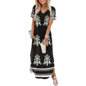 image:imageWIHOLL Womens Summer Short Sleeve Dresses Maxi Dress Vacation Beach Sundresses 2026 with PocketsFloral Black Boho