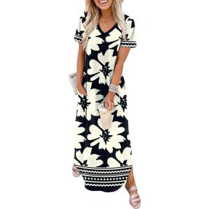 image:imageWIHOLL Womens Summer Short Sleeve Dresses Maxi Dress Vacation Beach Sundresses 2026 with PocketsFloral Black Chrysanth