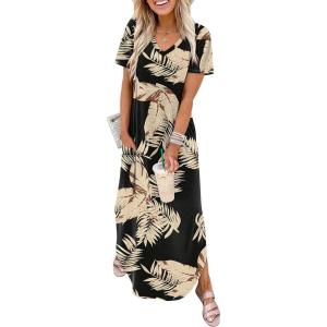 image:imageWIHOLL Womens Summer Short Sleeve Dresses Maxi Dress Vacation Beach Sundresses 2026 with PocketsFloral Black Leaves