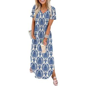 image:imageWIHOLL Womens Summer Short Sleeve Dresses Maxi Dress Vacation Beach Sundresses 2026 with PocketsFloral Blue Boho