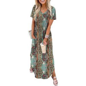 image:imageWIHOLL Womens Summer Short Sleeve Dresses Maxi Dress Vacation Beach Sundresses 2026 with PocketsFloral Boho Blue Orange