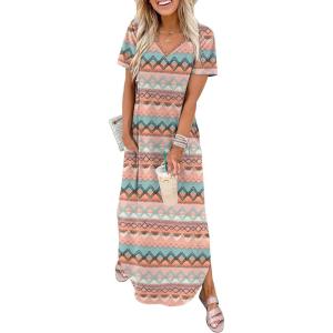 image:imageWIHOLL Womens Summer Short Sleeve Dresses Maxi Dress Vacation Beach Sundresses 2026 with PocketsFloral Boho Striped