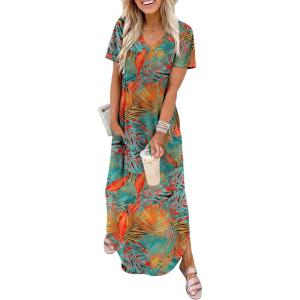 image:imageWIHOLL Womens Summer Short Sleeve Dresses Maxi Dress Vacation Beach Sundresses 2026 with PocketsFloral Coconut Leaves
