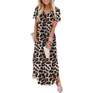 image:imageWIHOLL Womens Summer Short Sleeve Dresses Maxi Dress Vacation Beach Sundresses 2026 with PocketsFloral Leopard