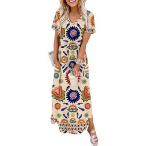image:imageWIHOLL Womens Summer Short Sleeve Dresses Maxi Dress Vacation Beach Sundresses 2026 with PocketsFloral Orange Sun