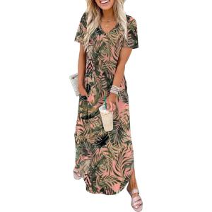 image:imageWIHOLL Womens Summer Short Sleeve Dresses Maxi Dress Vacation Beach Sundresses 2026 with PocketsFloral Pink Frond