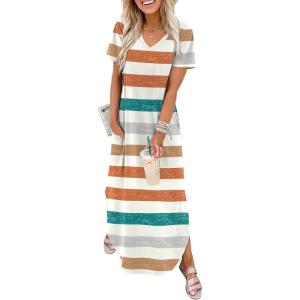 image:imageWIHOLL Womens Summer Short Sleeve Dresses Maxi Dress Vacation Beach Sundresses 2026 with PocketsFloral Striped