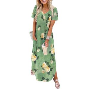 image:imageWIHOLL Womens Summer Short Sleeve Dresses Maxi Dress Vacation Beach Sundresses 2026 with PocketsFloral Yellow Rose