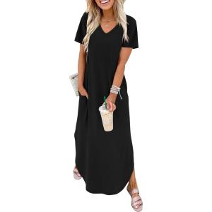 image:imageWIHOLL Womens Summer Short Sleeve Dresses Maxi Dress Vacation Beach Sundresses 2026 with PocketsPlain Black