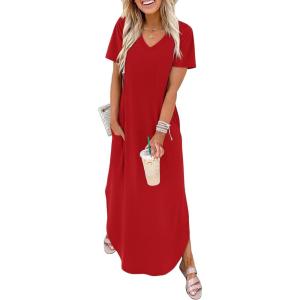 image:imageWIHOLL Womens Summer Short Sleeve Dresses Maxi Dress Vacation Beach Sundresses 2026 with PocketsPlain Red