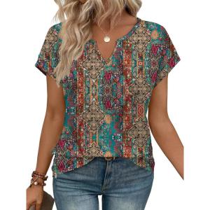 image:imageWIHOLL Womens Summer Tops 2026 Cap Short Sleeve Shirts V Neck Tshirts Spring Blouses Beach Vacation ClothesPrint 01