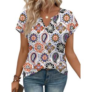 image:imageWIHOLL Womens Summer Tops 2026 Cap Short Sleeve Shirts V Neck Tshirts Spring Blouses Beach Vacation ClothesPrint 02