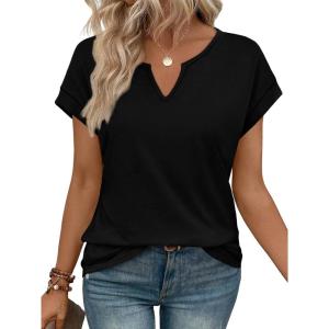 image:imageWIHOLL Womens Summer Tops 2026 Cap Short Sleeve Shirts V Neck Tshirts Spring Blouses Beach Vacation ClothesSolid Black