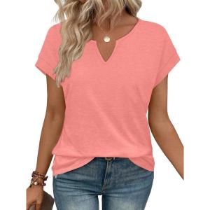 image:imageWIHOLL Womens Summer Tops 2026 Cap Short Sleeve Shirts V Neck Tshirts Spring Blouses Beach Vacation ClothesSolid Coral