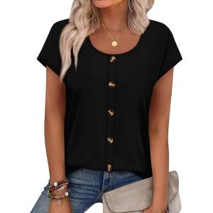 image:imageWIHOLL Womens Summer Tops Cap Short Sleeve Shirts Button Down Blouses U Neck T Shirts Fashion ClothingAll Black