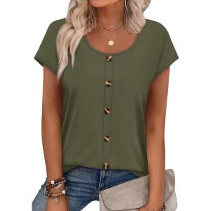 image:imageWIHOLL Womens Summer Tops Cap Short Sleeve Shirts Button Down Blouses U Neck T Shirts Fashion ClothingArmy Green