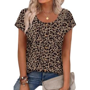 image:imageWIHOLL Womens Summer Tops Cap Short Sleeve Shirts Button Down Blouses U Neck T Shirts Fashion ClothingLeopard