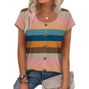 image:imageWIHOLL Womens Summer Tops Cap Short Sleeve Shirts Button Down Blouses U Neck T Shirts Fashion ClothingMultistriped