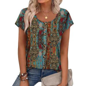 image:imageWIHOLL Womens Summer Tops Cap Short Sleeve Shirts Button Down Blouses U Neck T Shirts Fashion ClothingMuticolored