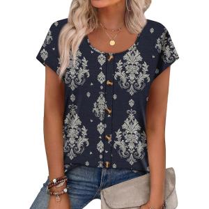 image:imageWIHOLL Womens Summer Tops Cap Short Sleeve Shirts Button Down Blouses U Neck T Shirts Fashion ClothingNavy Printed