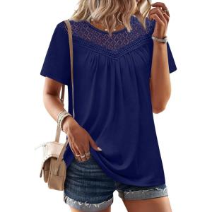 image:imageWIHOLL Womens Tops Short Sleeve Lace Shirts Summer Spring Tops Boho Trendy Beach Vacation Clothes Loose FitNavy Blue