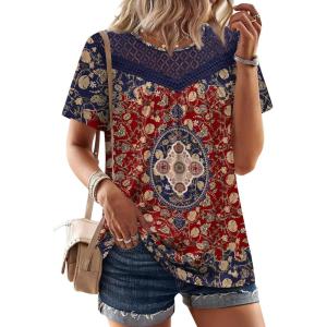 image:imageWIHOLL Womens Tops Short Sleeve Lace Shirts Summer Spring Tops Boho Trendy Beach Vacation Clothes Loose FitPattern Boho Red