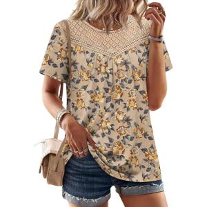 image:imageWIHOLL Womens Tops Short Sleeve Lace Shirts Summer Spring Tops Boho Trendy Beach Vacation Clothes Loose FitPattern Brown