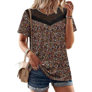 image:imageWIHOLL Womens Tops Short Sleeve Lace Shirts Summer Spring Tops Boho Trendy Beach Vacation Clothes Loose FitPattern Floral Multi