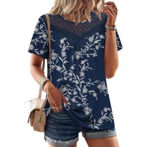 image:imageWIHOLL Womens Tops Short Sleeve Lace Shirts Summer Spring Tops Boho Trendy Beach Vacation Clothes Loose FitPattern Floral Navy