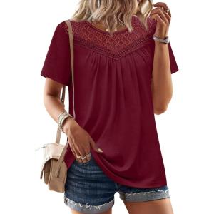 image:imageWIHOLL Womens Tops Short Sleeve Lace Shirts Summer Spring Tops Boho Trendy Beach Vacation Clothes Loose FitWine Red