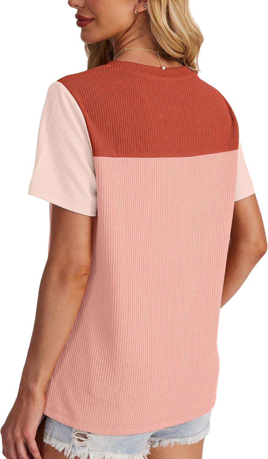 image:imageWIHOLL Womens Fashion 2026 Color Block Shirts Short Sleeve Crewneck Knitted Spring Summer Tops Casual TrendyLight Coral