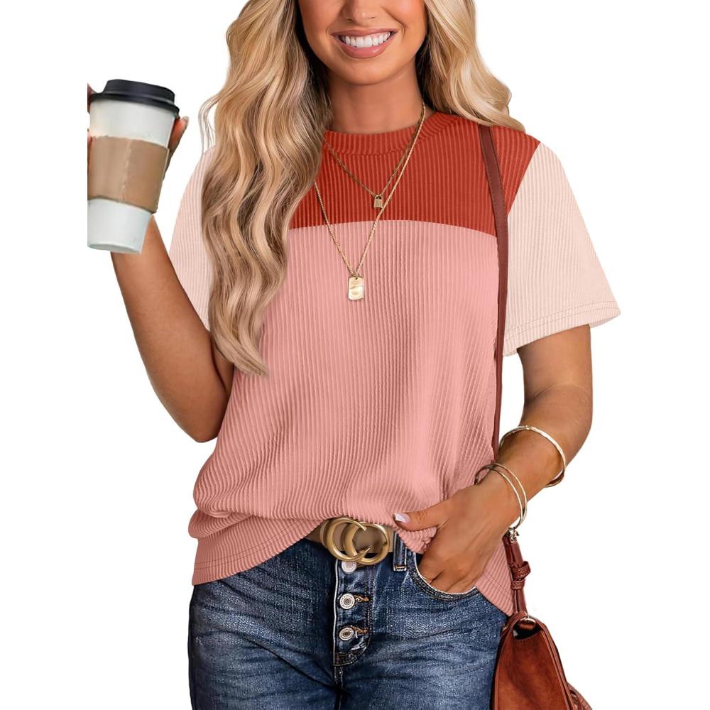 image:imageWIHOLL Womens Fashion 2026 Color Block Shirts Short Sleeve Crewneck Knitted Spring Summer Tops Casual TrendyLight Coral