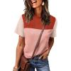 image:imageWIHOLL Womens Fashion 2026 Color Block Shirts Short Sleeve Crewneck Knitted Spring Summer Tops Casual TrendyLight Coral
