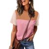 image:imageWIHOLL Womens Fashion 2026 Color Block Shirts Short Sleeve Crewneck Knitted Spring Summer Tops Casual TrendyLight Pink