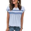 image:imageWIHOLL Womens Summer Tops Trendy 2026 Lace Crochet Cap Short Sleeve Shirts Crew Neck T Shirts Casual Loose BlousesThe Blue Stripes