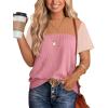 image:imageWIHOLL Womens Fashion 2026 Color Block Shirts Short Sleeve Crewneck Knitted Spring Summer Tops Casual TrendyLight Pink